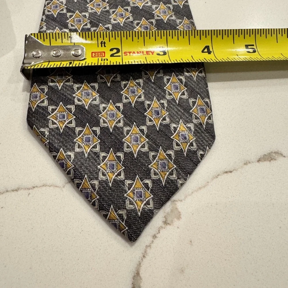 Zanzara Mens Silk Necktie Charcoal Grey Gold Geometric Star Pattern Hand Made